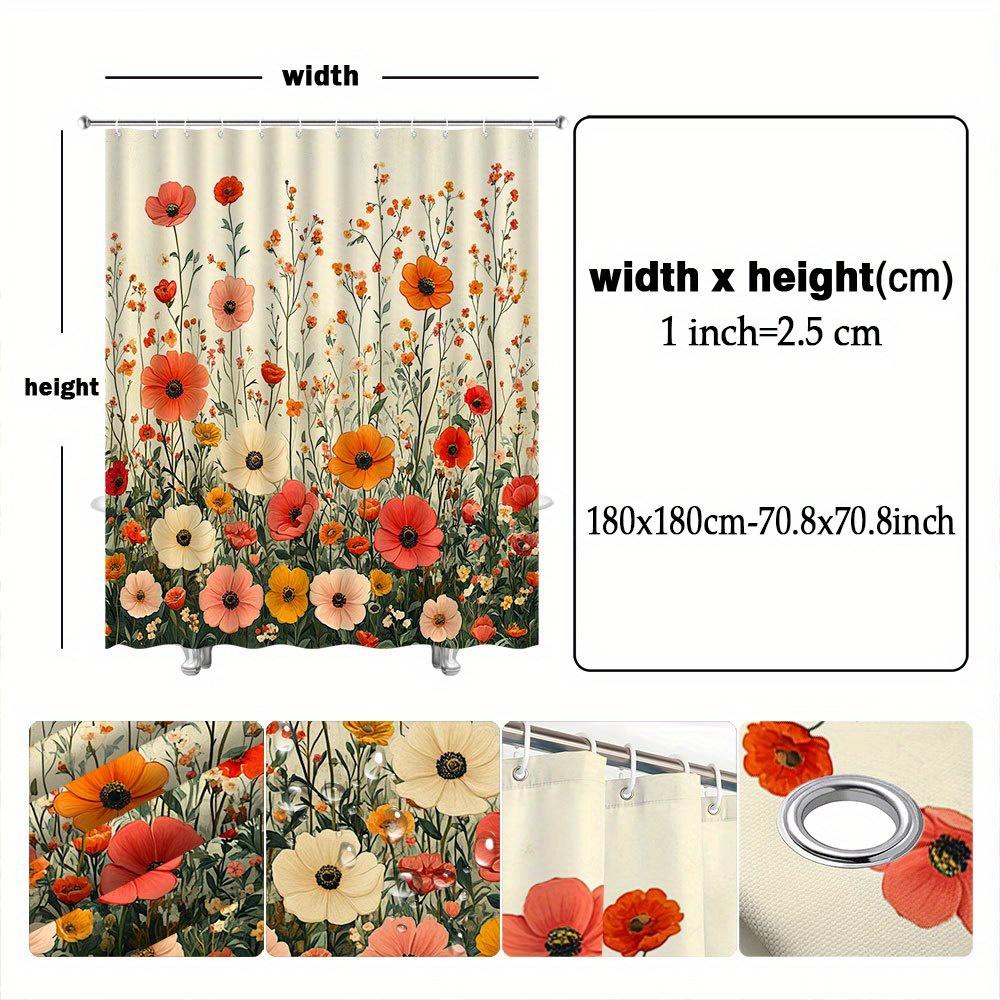 1pc Lush Flower Field Shower Curtain - Red Poppies & Peonies, Soft Beige Background, Polyester, 70x70", 12 Hooks