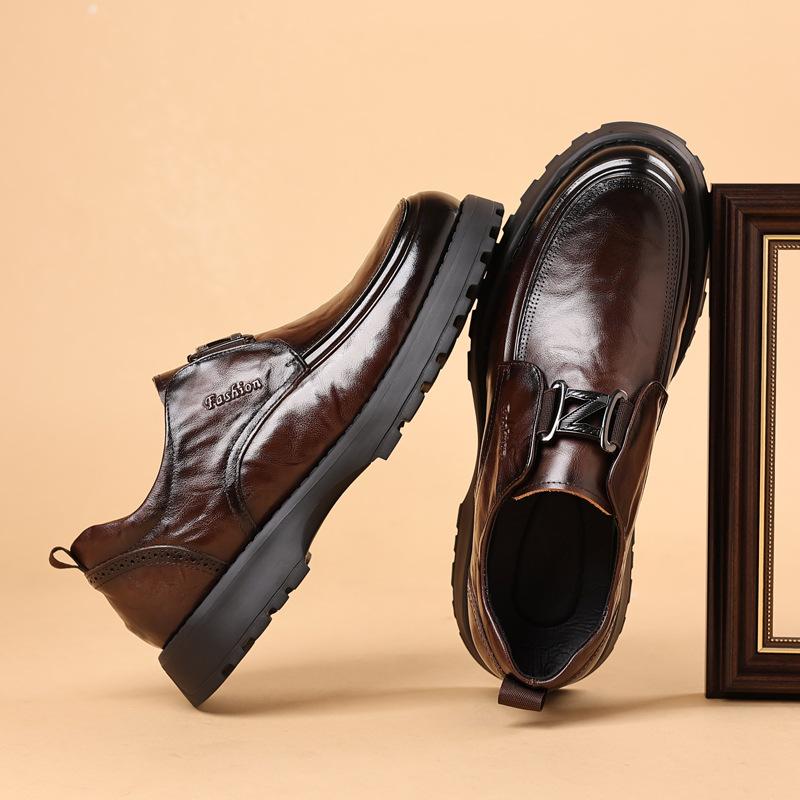 First Layer Cowhide New Men's Casual Leather Shoe Genuine Leather Business Single Shoes Men's Lightweight Thick Sole Light Luxury Trend Men's Shoes