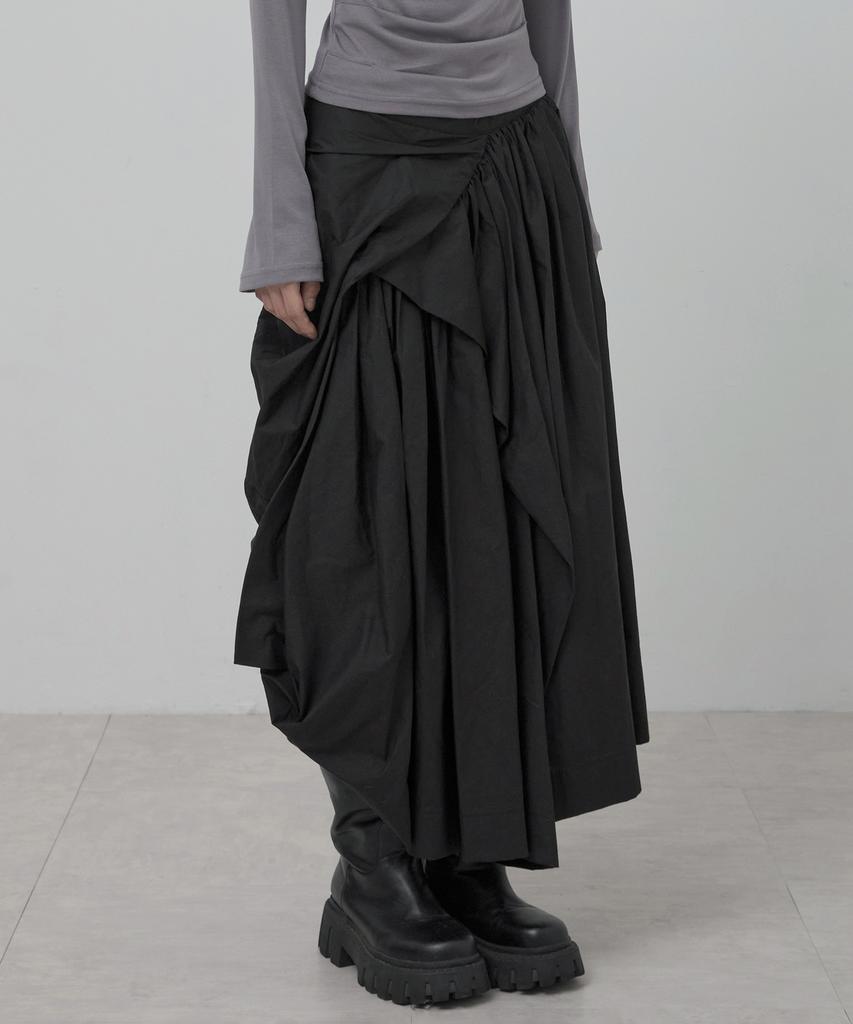 Peulleeoeob Asymmetrical Draped Layered Long Skirt (Fl-256_Black)
