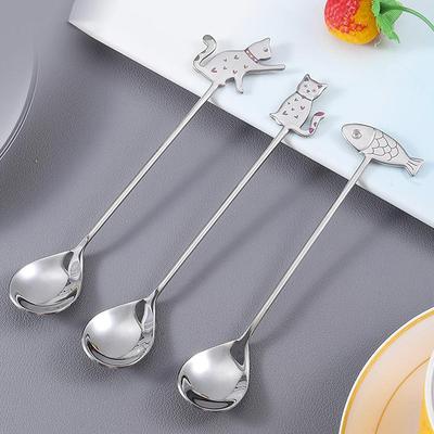 Criativo Aço Inoxidável Colher De Café Mexendo Desenho Gato Peixe Pendurado Copo Colher De Chá Frutas Sobremesa Garfo Leite Sorvete Talheres