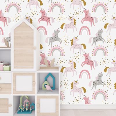 Niedliche Einhorn Regenbogen Abzieh- und Aufklebe Cartoon Tapete Selbstklebende Rosa/Graue Wandsticker für Kinderzimmer Einfach anzubringen Heimdekor