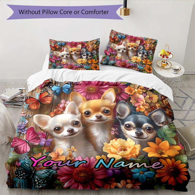 3PC Custom Name Chihuahua Friends Flowers Bedding Set Duvet Cover Closure Includes 1 Duvet Cover & 2 Pillowcases for Bedroom