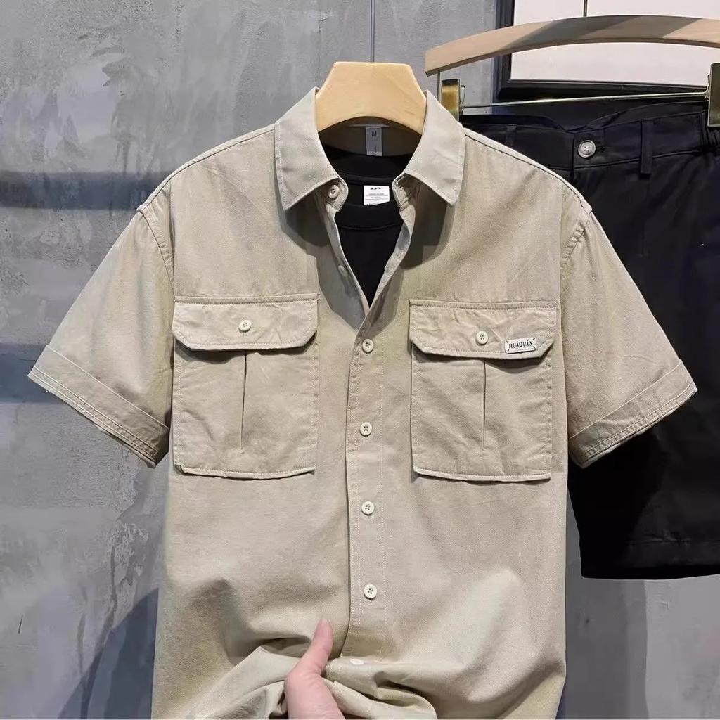 Men's Summer Casual Stylish Loose-Fit Double-Pocket Workwear Short-Sleeve Shirt with Collar
