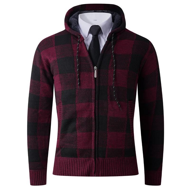 Hooded Men's Zipper Loose Plaid Jacket Long Sleeve Contrast Cardigan Top