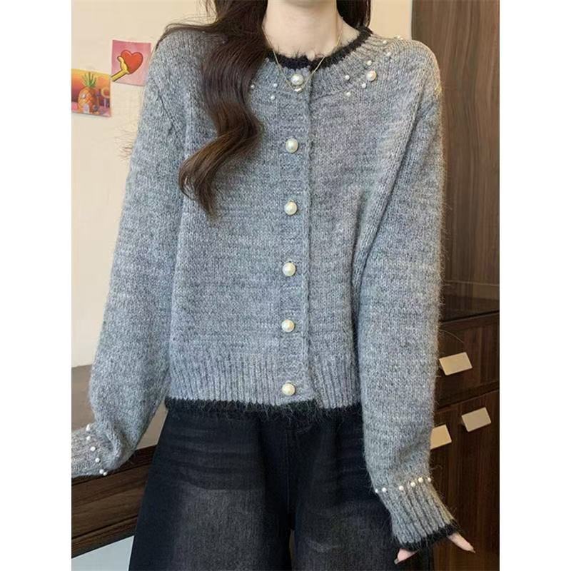 Short sweater jacket women's spring and autumn knitted cardigan button design color matching apricot top new love