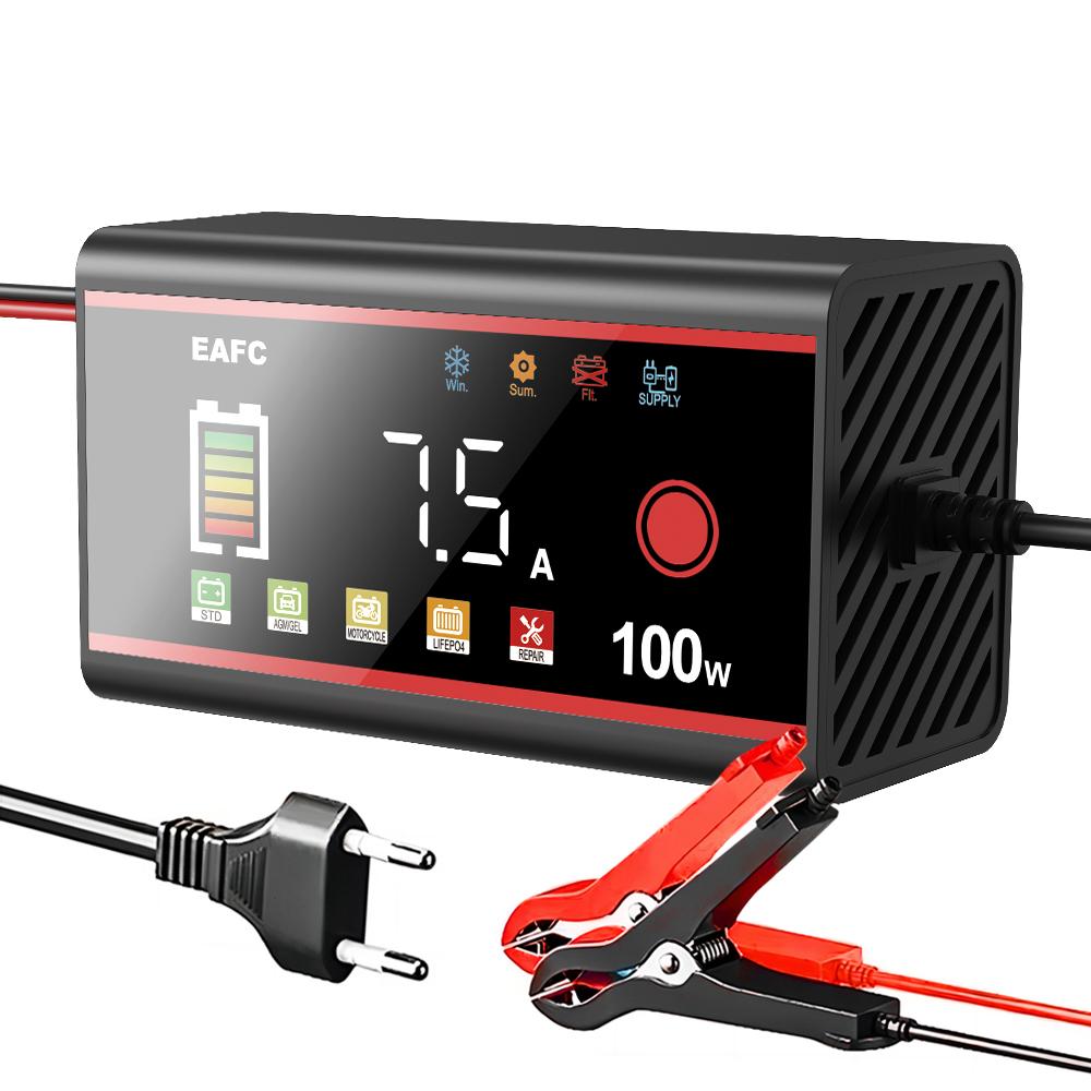 

EAFC 12V 15A 8A Розумний автомобільний зарядний пристрій 200 Вт/100 В Великий світлодіодний дисплей Імпульсне використання для кальцієвих, гелевих, AGM, вологих, EFB, LIFEPO4 акумуляторів