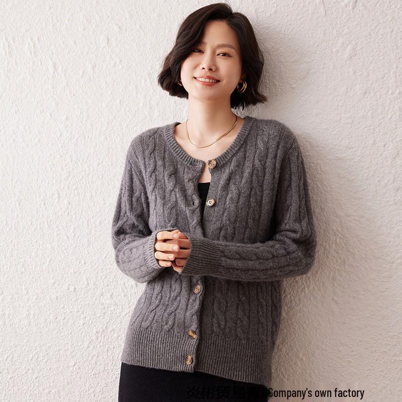 Women's Thick Cable Knit Cashmere Cardigan - Autumn/Winter Round Neck Loose Knitwear Jacket