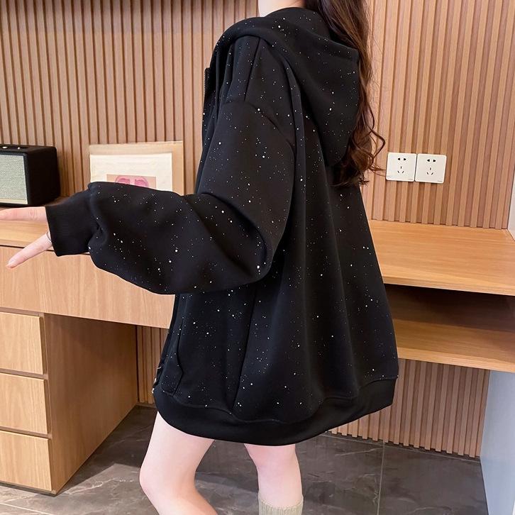 Women's Plus Size Sparkly Starry Sky Zipper Hoodie - Korean Style, Loose Fit for Spring & Autumn