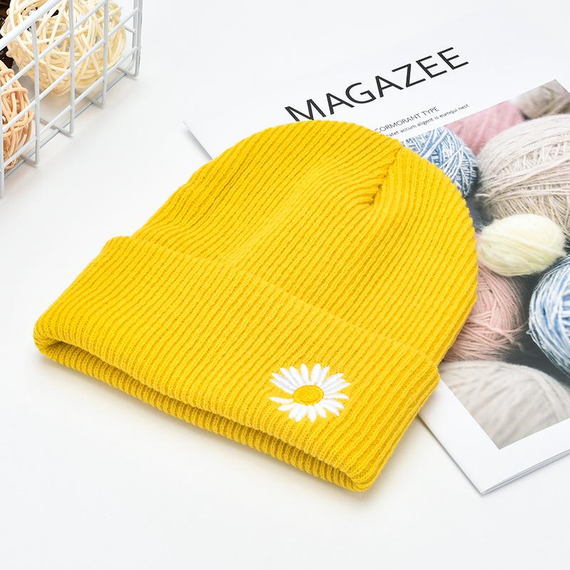 New Daisy Embroidery Beanie Autumn Winter Soft Warm Knitted Cap Men Women Unisex Cap Hats Ski Caps Beanies