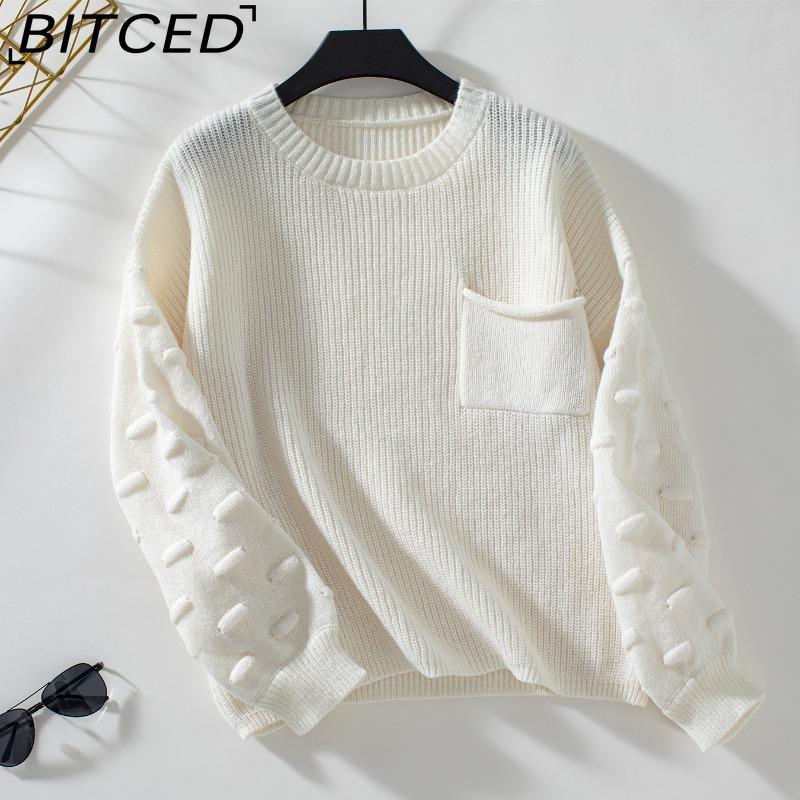 

BITCED Solid-Colour Pocket Pullover Women s Knitted Sweater Autumn/Winter Fashion Knit Top XL