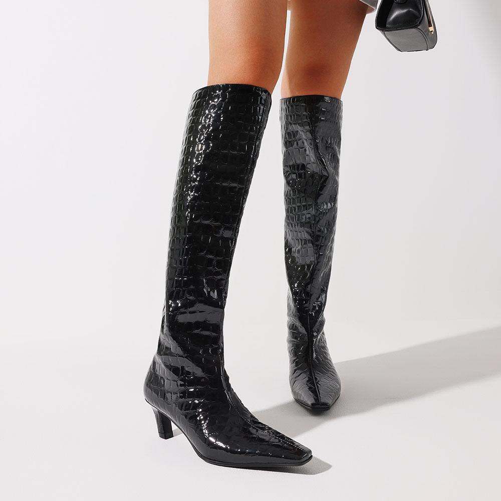 Stylisch Damen Kniehoch Spitze Stiletto Kitten Mittelhoch Zum Hineinschlüpfen Sexy Party Straße Weites Wadenbein Für Frau Mode