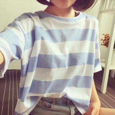 Nieuw Koreaanse Stijl Zomer Dames Gestreept Korte Mouwen T-shirt Dames Losse Kleding Student Top
