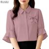 ZANZEA Women Casual Turn Down Collar Solid Color Half Sleeve Blouse