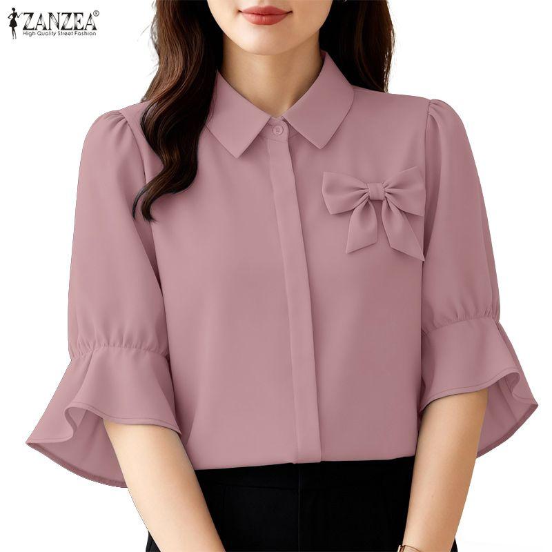 ZANZEA Women Casual Turn Down Collar Solid Color Half Sleeve Blouse