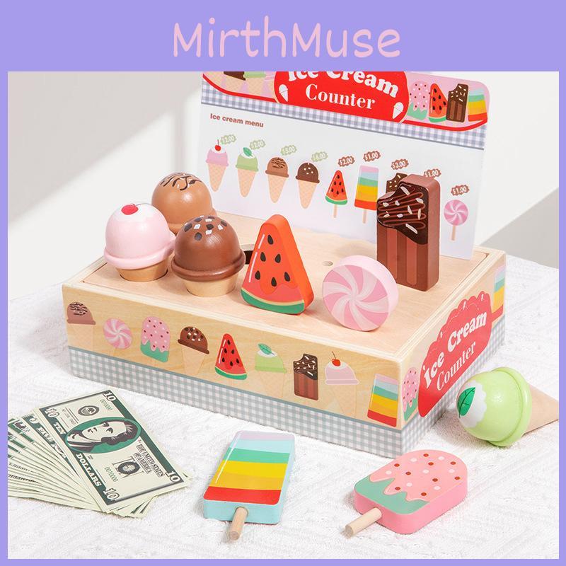 Wooden Simulation Ice Cream Vending Cabinet Model Children Toy Set For Kids Imaginative Pretend Play