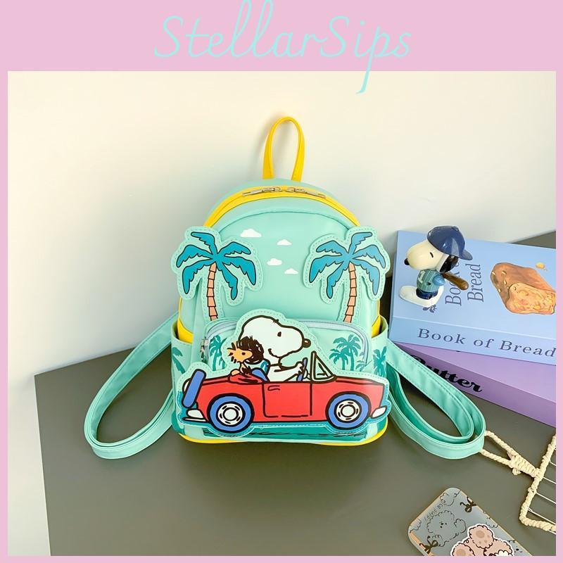 Snoopy Driving A Vehicle Cartoon Pattern Kids Pu Backpack With Padded Interior For Daycare And Outings