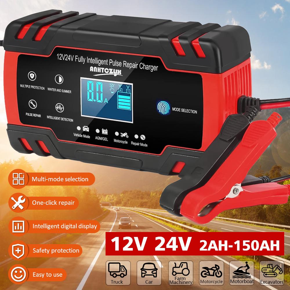 12/24V Smart Pulse Repair Battery Charger Digital Display Auto Motorcycle AGM Lead Acid Battery Maintainer Multi Protection