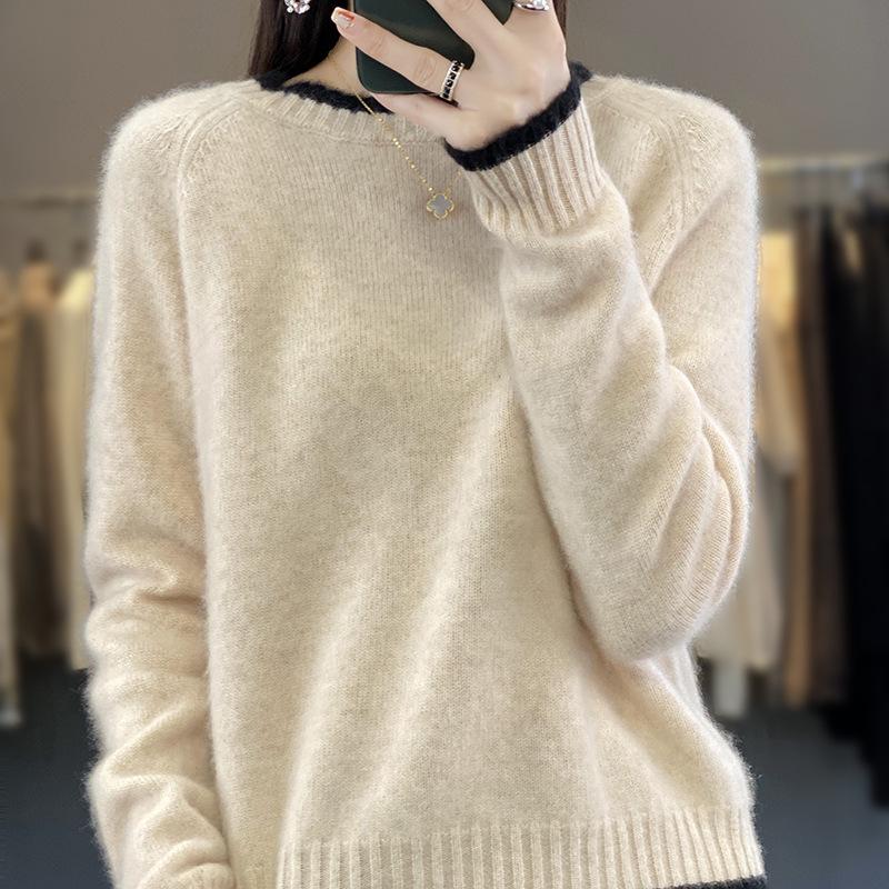Women's Loose Color Block Cashmere Wool Sweater - Round Neck, Thick, and Stylish for Autumn & Winter
