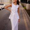 New French Style Lazy Casual Pure Cotton Square Neck Sleeveless Vest and Skirt Set for Women