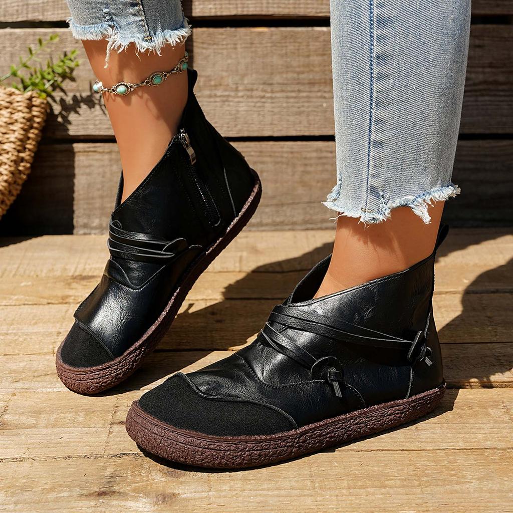 Women Ankle Boots Spring Autumn Sewing PU Zipper Flat With Modern Boots Vintage Patchwork Street Style Outdoor Women Shoes