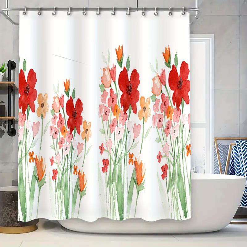 

Vibrant Floral Garden: Watercolor Flower Shower Curtain For A Fresh And Nature-Inspired Bathroom Dcor W60H190(CM)-1 Pcs