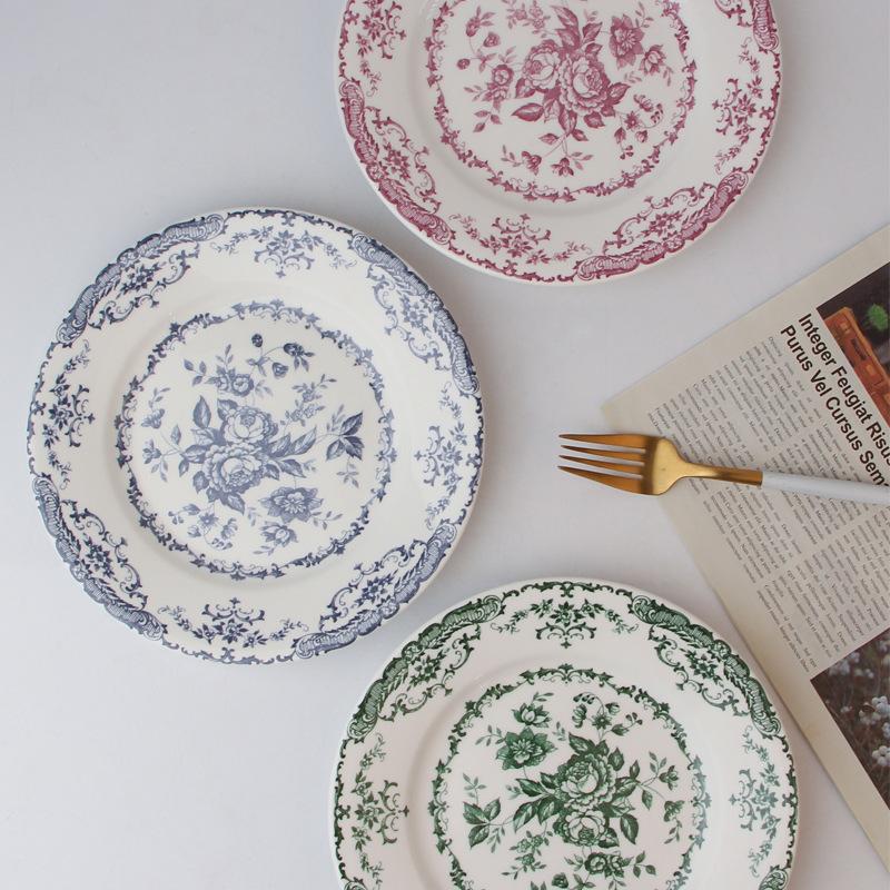 Piatto in Ceramica Stile Retro Occidentale Fiore di Rosa Piatto per Bistecca Alto Valore Piatto per Colazione Dessert