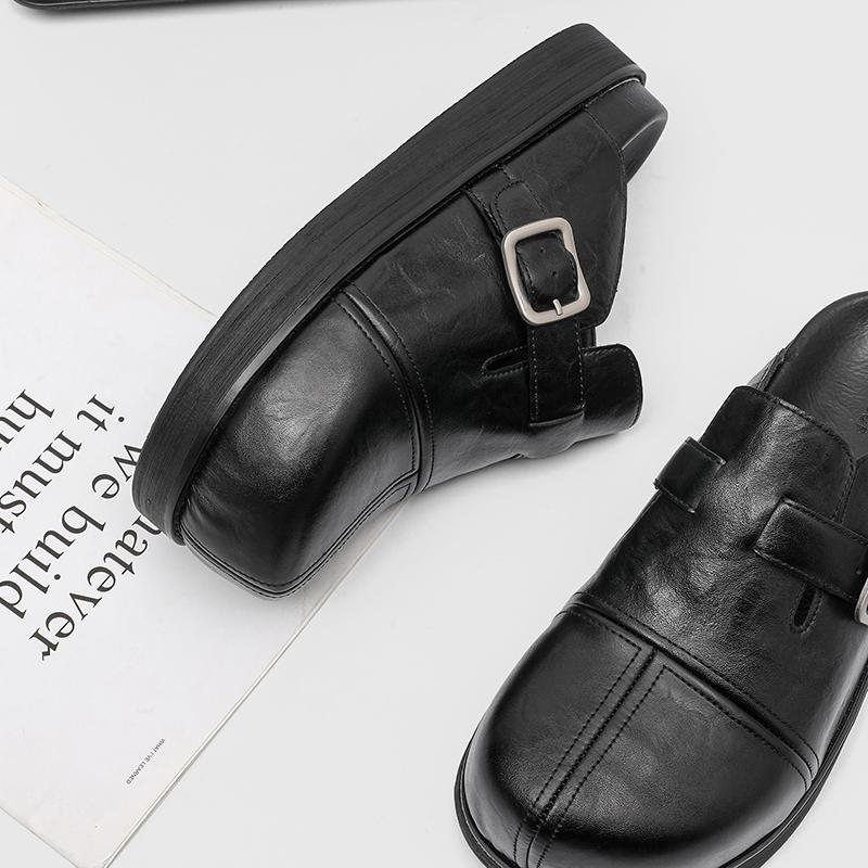 Fashion Fashion Men Half Loafers Casual Leather Slippers Punk Style Slides Breathable Mules Shoes Male Outdoor Thick Bottom Half Shoes