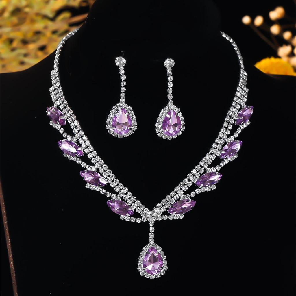 Luxury Rhinestone Teardrop Pendant Necklace & Earring Set In Apple Green for Bridal Wear