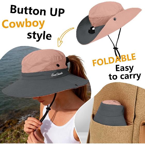Women's Ponytail Safari Sun Hat,Wide Brim UV Protection Bucket Hat | Foldable Fishing Hat,Summer Hats,Ventilation Mesh,Breathable,Soft