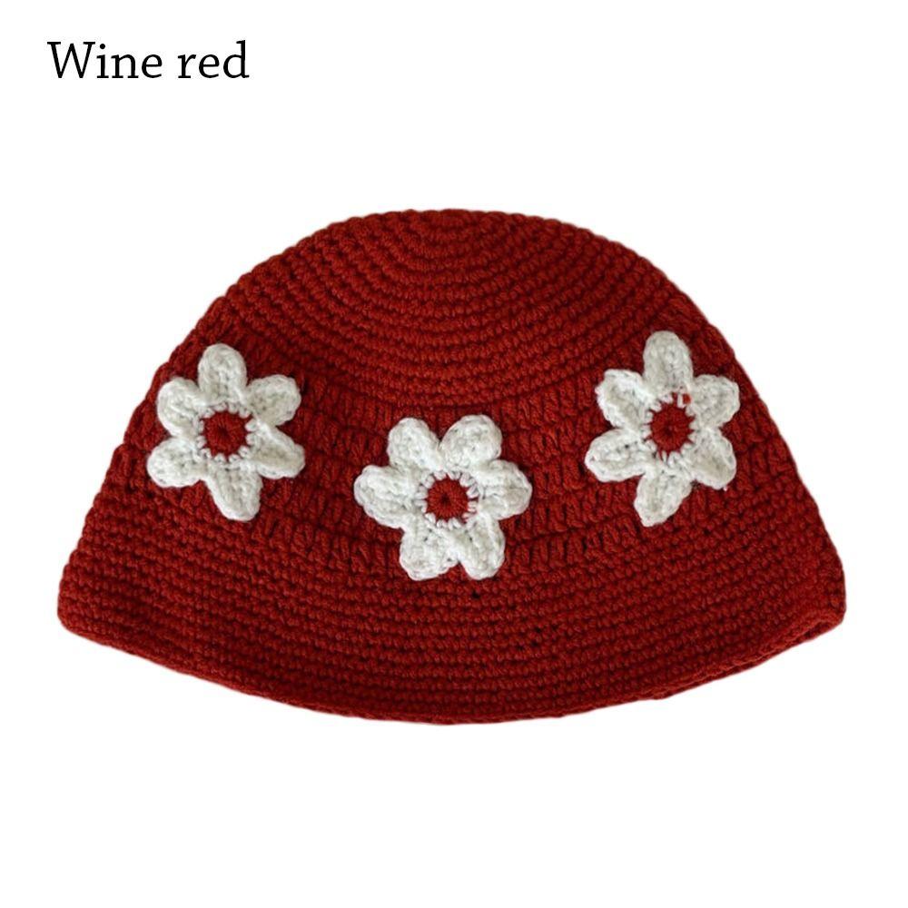 

Flower Fisherman Cap Knitted Panama Hat Portable Bucket Hat for Women вина червоного кольору