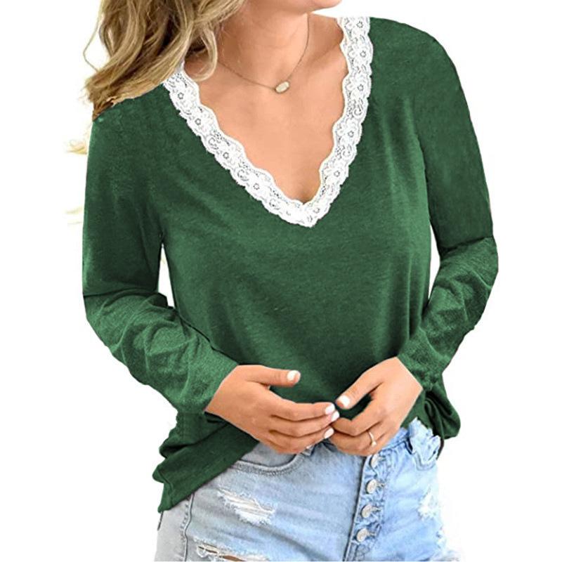 2024 New Autumn and Winter Casual Loose V-neck Stitching Lace Long-sleeved T-shirt Women