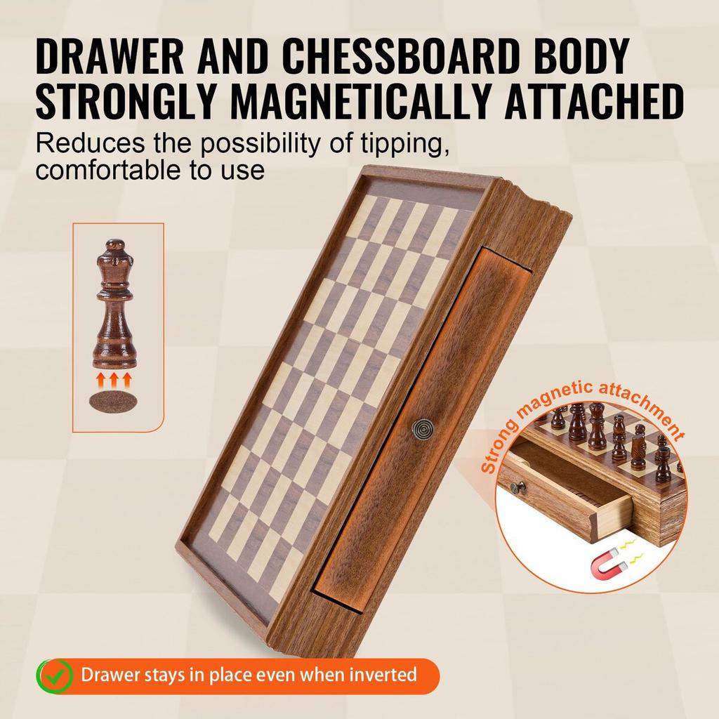 Solid Wood Chess Set, 15 Inch 2-IN-1 Chess Checkers Game Set, Chess Board Games with Storage Drawer & Weighted Chess Checkers Pieces & 2 Queens, for