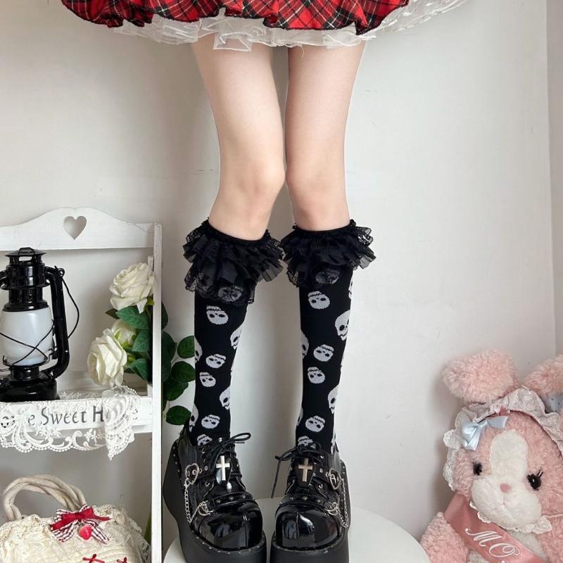 Cotton Knee Length Socks for Women Ruffle Lace Top Grunge Skull Music Note Print Stockings for Dance and Everyday Use