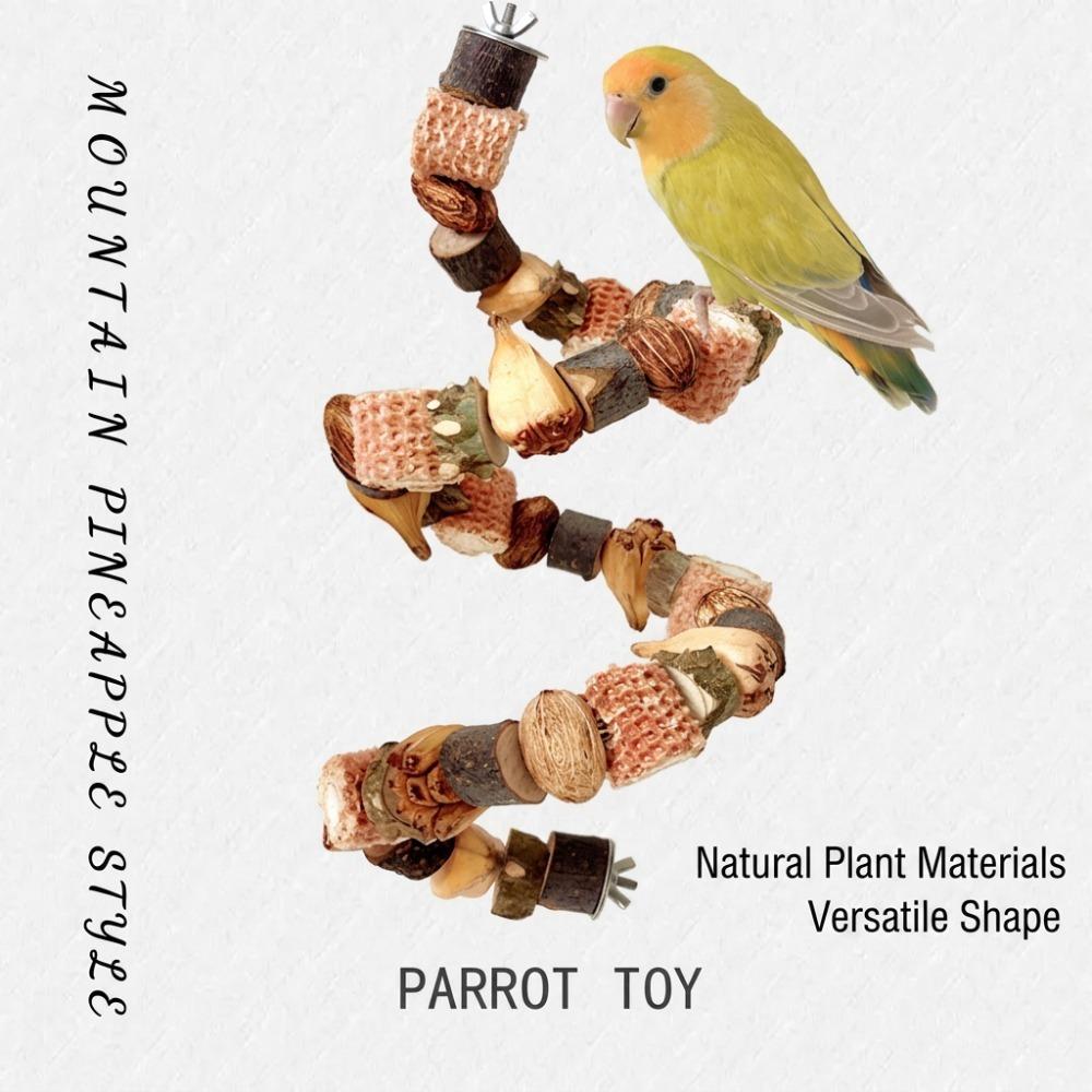 Spiral Bird Perch Climbing Rope Toy - Natural Wood Parrot Chewing Toy for Cage, Flexible Shredding Toy for Budgies Conures Cockatiels, Wood Color