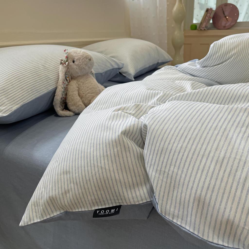 New 100% Cotton Simple Stripe Bedding Set – Includes Duvet Cover, Fitted Sheet, and Four-Piece Set for Dorms