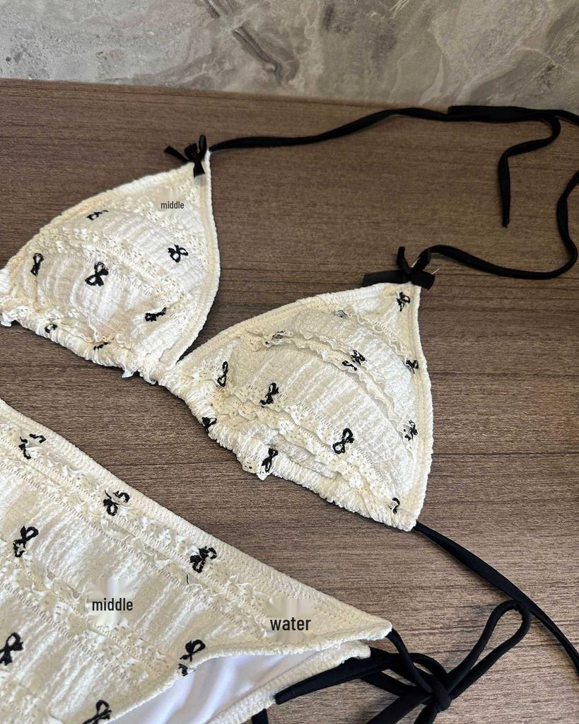 French Style Bow Print Bikini Set with Wrap Skirt - Perfect for Small Busts, Pure Desire