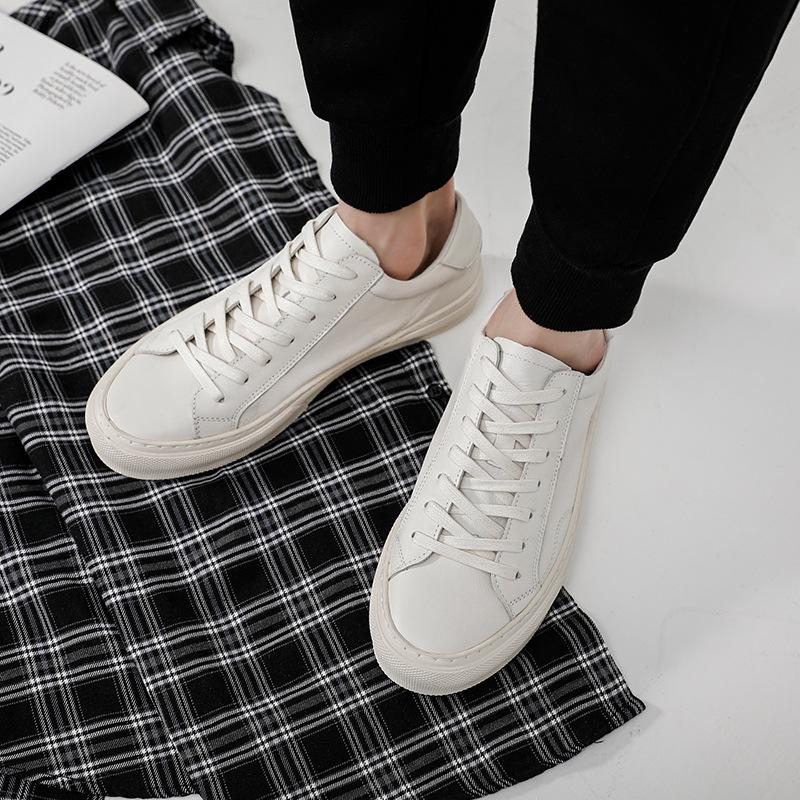 2023 Men's Trendy Low-Top Genuine Leather Sneakers, Korean Style, Breathable White Casual Shoes