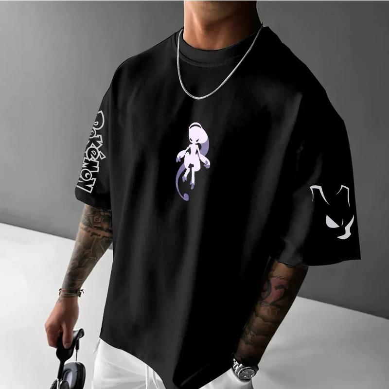 Pokémon Anime Mewtwo Malované Oboustranně Potištěné Tričko s Krátkým Rukávem pro Muže a Ženy Letní Novinka Harajuku Volný Ležérní Top