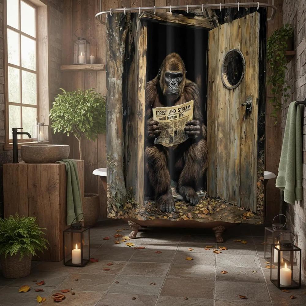 Funny Gorilla Printed Shower Curtain Fancy Humor Chimpanzee Reading Newspaper For Bathroom Decor