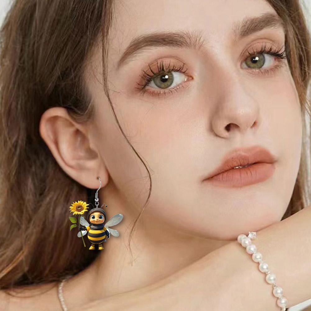 Cute Bee Dangle Earrings For Women Girls Acrylic Honey Bee With Sunflower Design Drop Earrings Halloween Christmas  Jewelry Gift