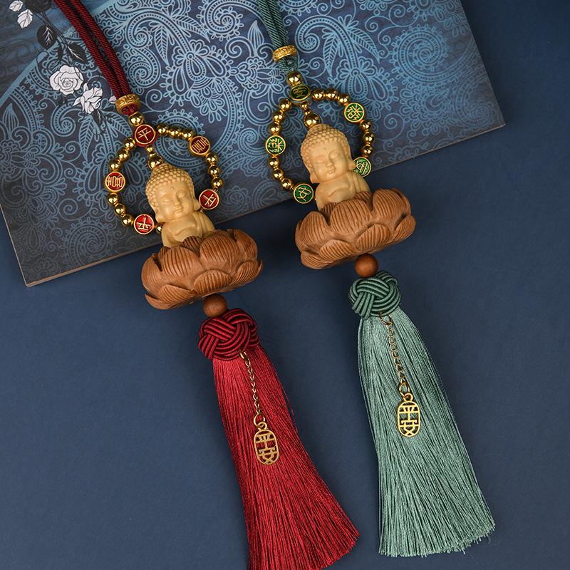 Carved Lotus Buddha Car Pendant Car Rearview Mirror Solid Wood Bodhi Tassel Figurine Hanging Decor Auto Interior Lucky Ornaments