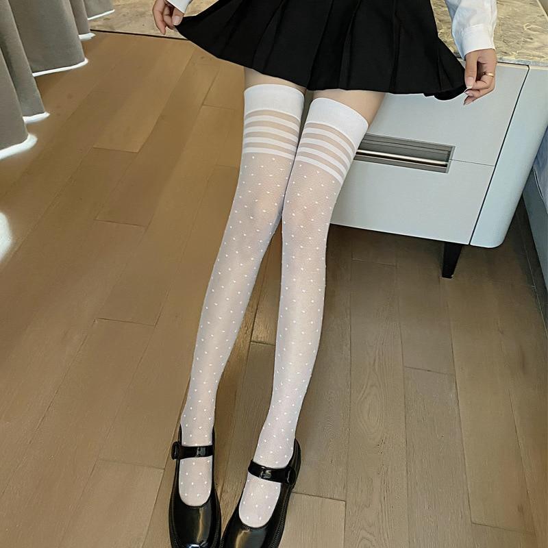 Ultra-thin Transparent Nylon Long Socks Stockings Women JK Lolita Thigh High Stockings Japanese Style Polka Dot Knee High Socks