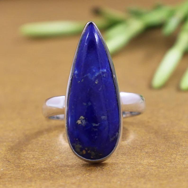 Lapis Lazuli Long Pear Ring, Solid 925 Sterling Silver Ring, Handmade Ring, Designer Ring, Anniversary Ring, Unisex Gift