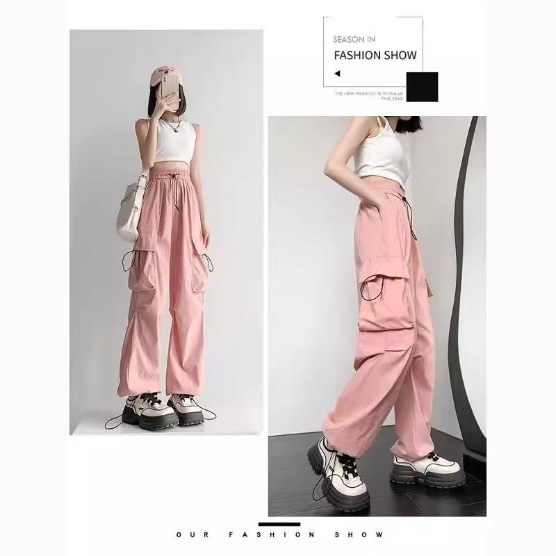 Overalls Women's Summer Beige Casual Pants Big Pockets Loose Quick-Drying Parachute Sweatpants