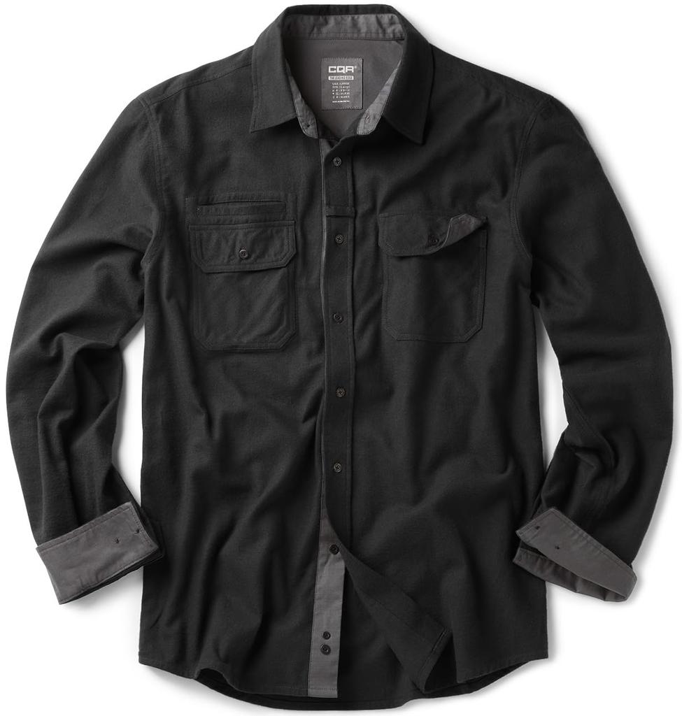 [CQR] Shirt Long Sleeve Men's Regular Fit [Warmth, Thick, Durable] Flannel Winter Solid Flannel Shirt with Pocket 100% Cotton CQ-HOF103-JPBLK_XL