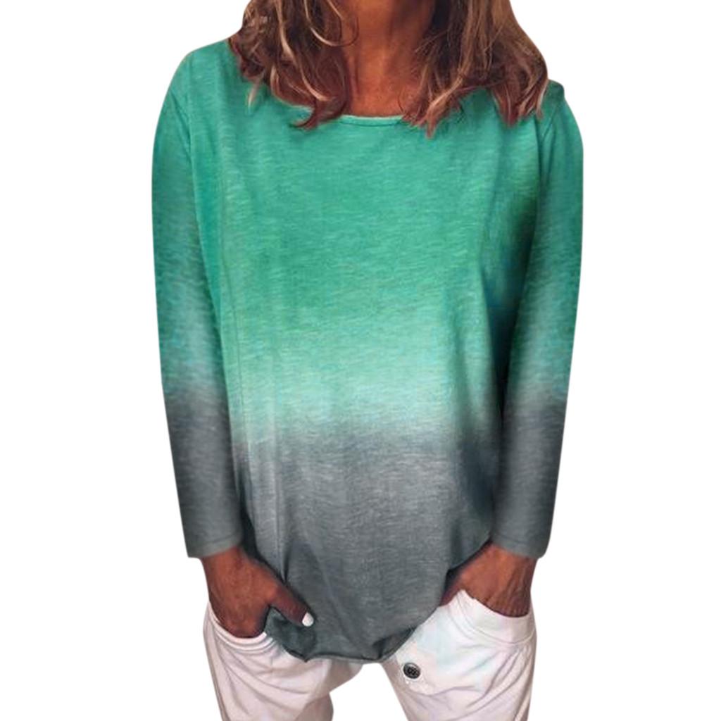 Women Casual Long Sleeve Sweatshirt Round Neck Die Dye Pullover Tops Loose Blouse Shirts Gradient Color Tee Shirts