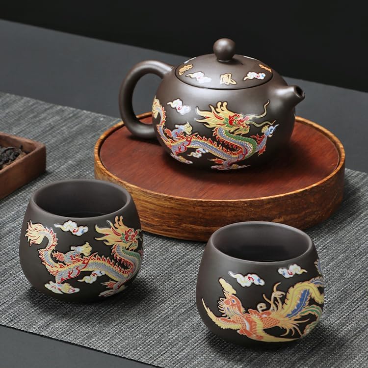 Hand-made Dragon and Phoenix Color-changing Purple Clay Teapot Zisha Tea Set Kettle Kung Fu Tea Pot Tea Lover‘s Gift (Teapot+2* Teacups)