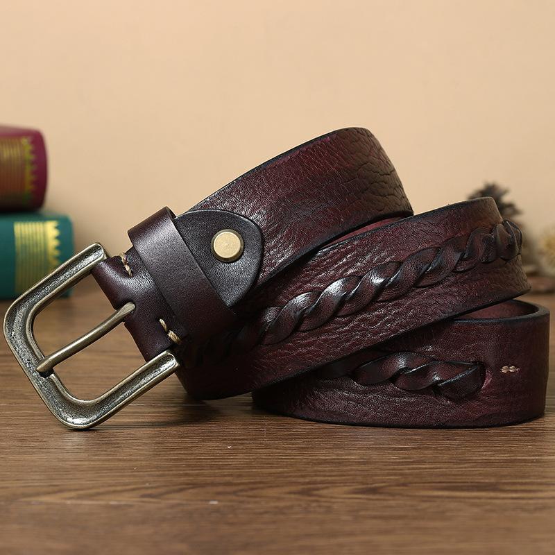 Woven Leather Belt Male Leather Pin Buckle Handmade Retro Old Fashion Young Personality Brass Buckle Belt