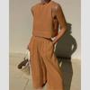 Cotton and Linen Pant Sets Women Sleeveless Leace-up Short Tops Drawstring Long Pants Two Piece Set Commuting Summer