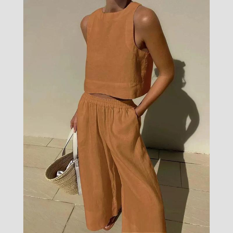 Cotton and Linen Pant Sets Women Sleeveless Leace-up Short Tops Drawstring Long Pants Two Piece Set Commuting Summer